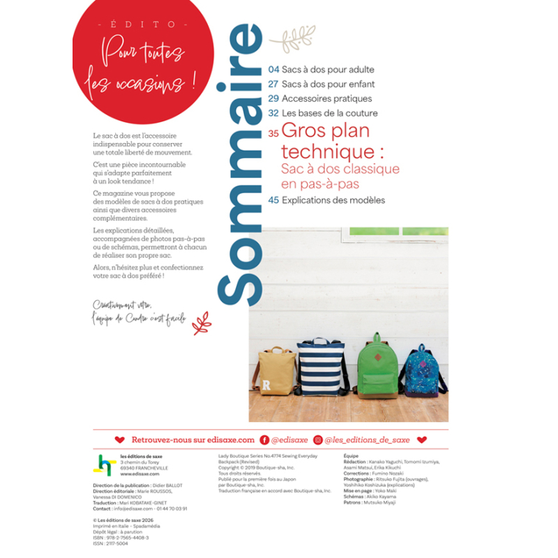 Coudre c'est facile n°97 : les sacs à dos Magazine Couture