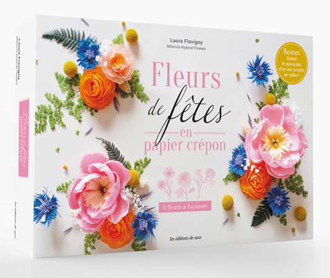 Couverture du coffret « Fleurs de fêtes en papier crépon » avec compositions florales colorées en papier, idéal pour DIY fleurs en papier, loisirs créatifs, décoration florale et créations artisanales élégantes