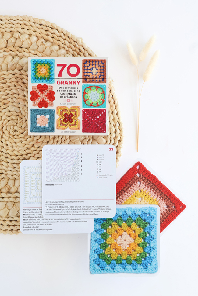 Coffret 70 Granny Squares au crochet avec cartes modèles et carrés granny colorés