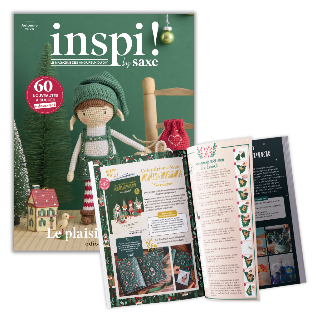 Magazine Inspi! by Saxe présenté avec plusieurs pages intérieures dédiées aux loisirs créatifs, à la couture et au DIY.