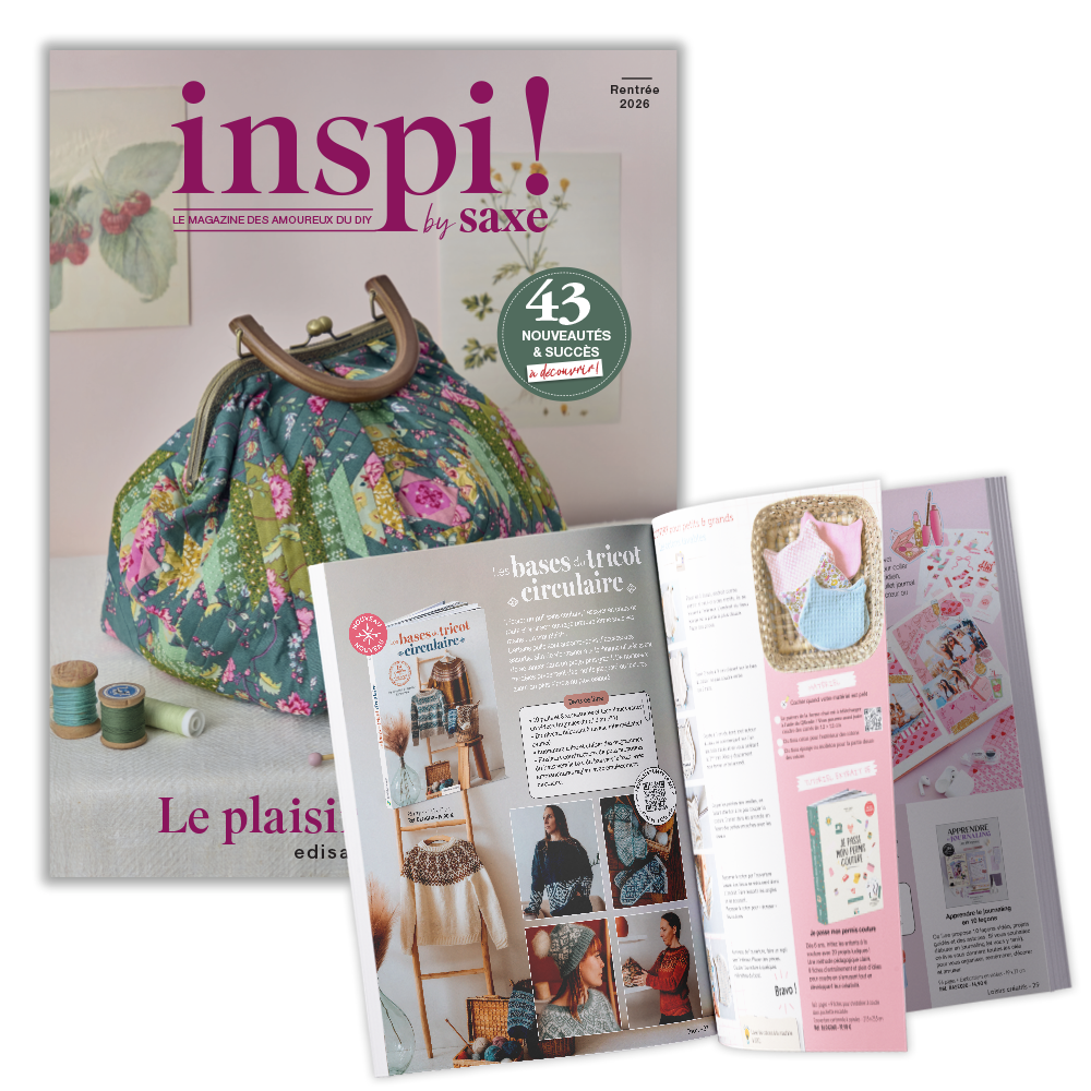 Magazine Inspi! by Saxe présenté avec plusieurs pages intérieures dédiées aux loisirs créatifs, à la couture et au DIY.