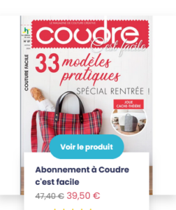 Couverture du magazine « Couture facile » avec modèles de couture et sac tartan rouge, offre d’abonnement créatif idéale pour couture DIY, patrons de couture, loisirs créatifs et mode faite main