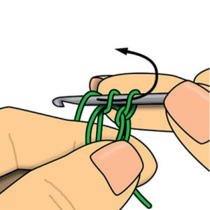 Schéma illustré du fil enroulé autour du crochet avant fermeture de la maille, technique de crochet de base idéale pour tutoriels DIY et apprentissage textile créatif