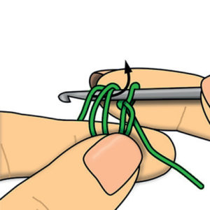 Tutoriel crochet étape par étape montrant le passage du fil à travers les boucles sur le crochet, idéal pour apprendre les points de base du crochet DIY et les créations amigurumi
