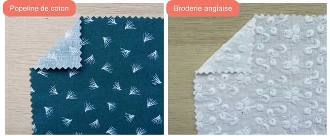 Comparatif de tissus couture avec popeline de coton imprimée et broderie anglaise blanche florale, idéal pour couture DIY, confection textile, choix de matières et loisirs créatifs couture