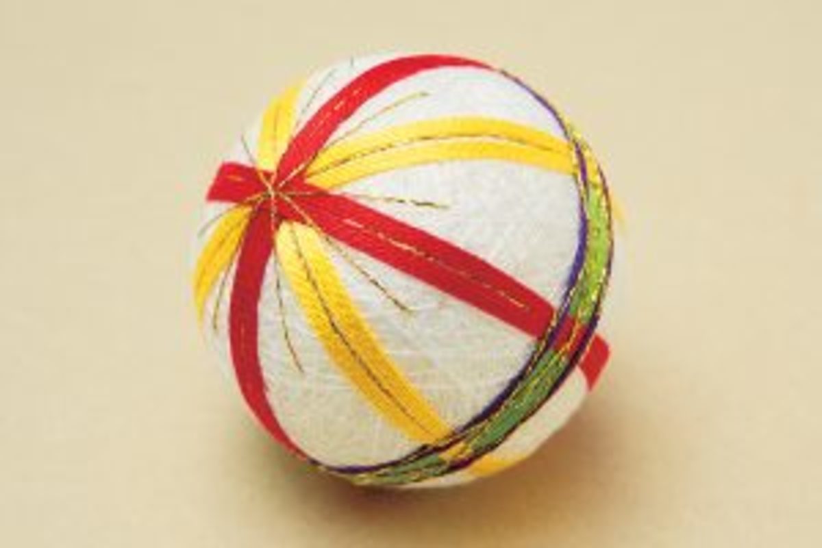 balle temari motif aiguilles de pin étape 17