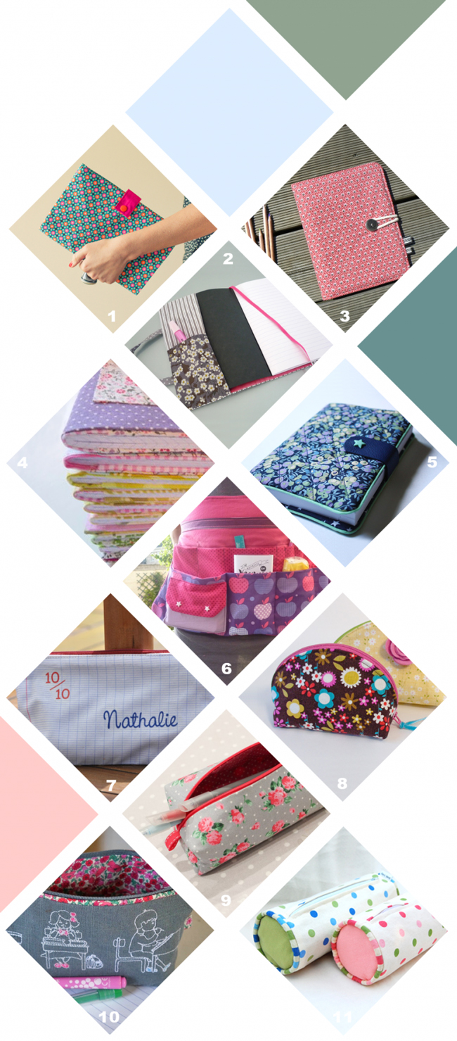 Montage présentant une collection de 11 créations couture DIY : pochettes, protège-carnets, étuis, trousses et accessoires textiles aux imprimés fleuris et colorés, idéal pour couture créative, cadeaux faits main, accessoires personnalisés et loisirs créatifs.