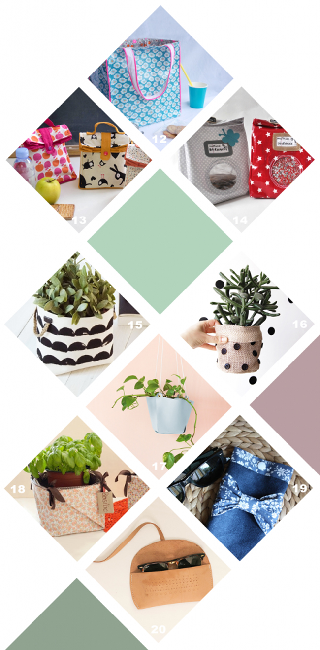 Montage présentant une collection d’accessoires couture DIY et de décoration textile : sacs, pochettes, cache-pots, paniers de rangement et housses en tissu aux imprimés modernes et colorés, idéal pour couture créative, décoration intérieure, zéro déchet et loisirs créatifs faits main.